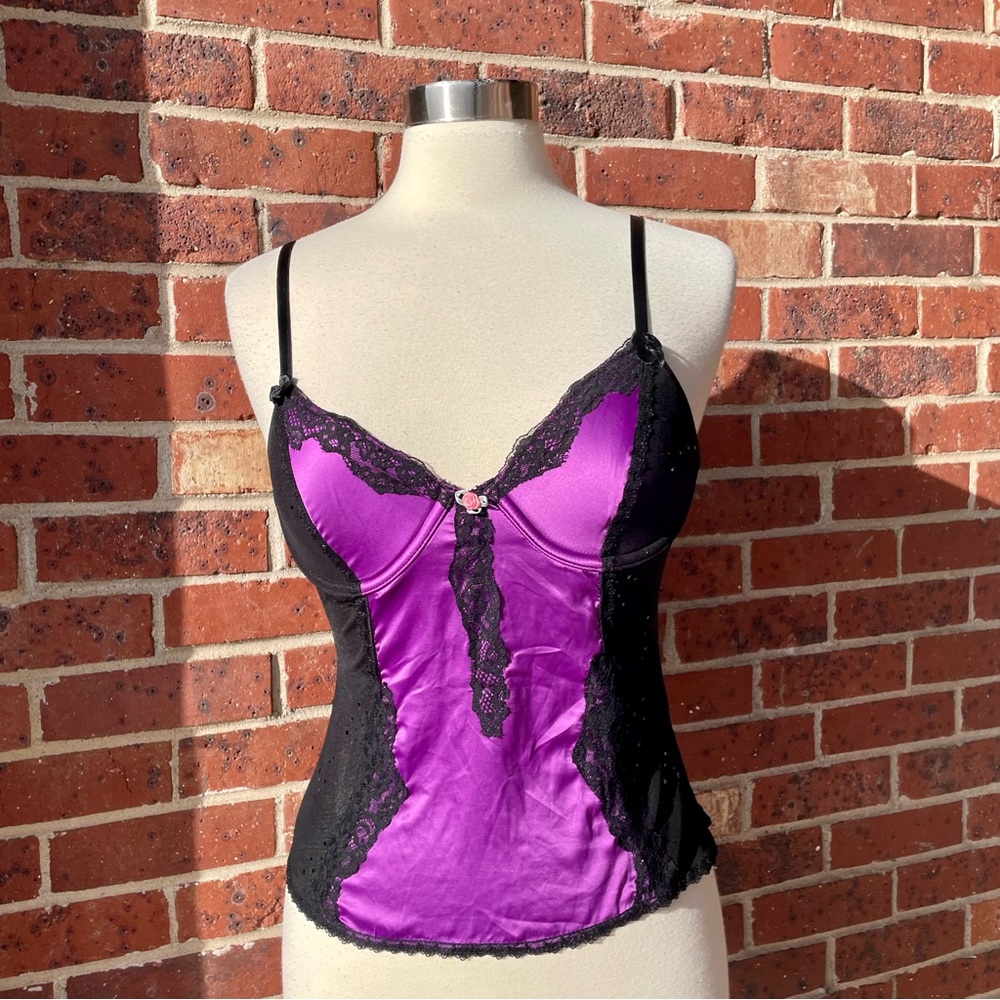Victoria’s Secret Purple Satin Corset Bustier Sheer Black Mesh Sparkly Sz 34C